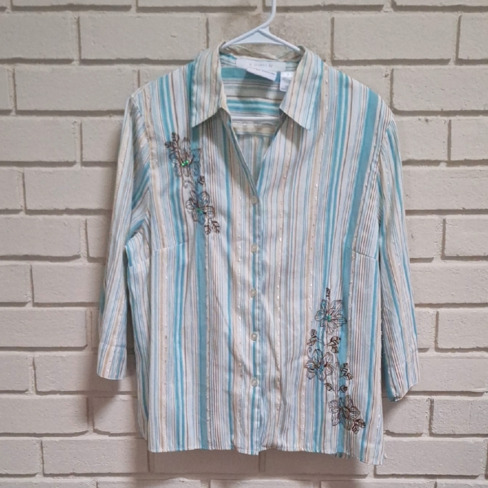 Alfred Dunner Striped Embroidered Floral Textured Blouse. Size 16